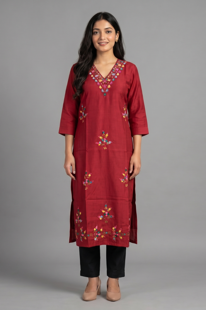 Crimson Red Cotton Flex Embroidered Kurti