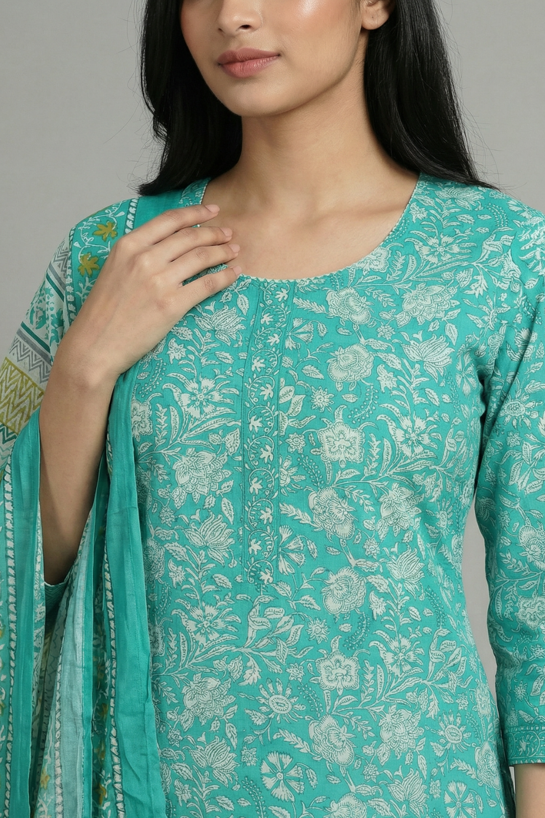 Sea Green Floral Pure Cotton 3-Piece Suit Set