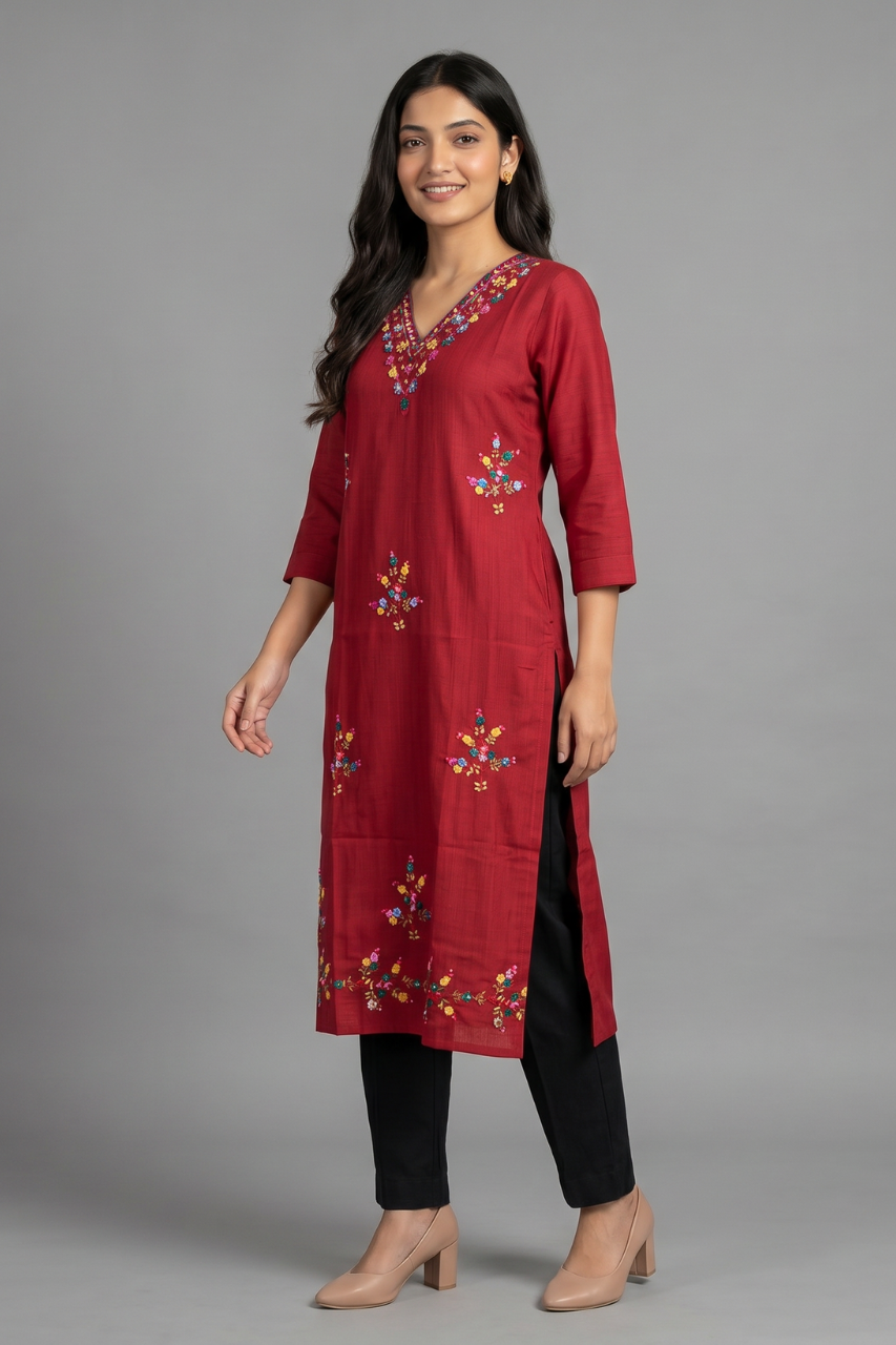 Crimson Red Cotton Flex Embroidered Kurti
