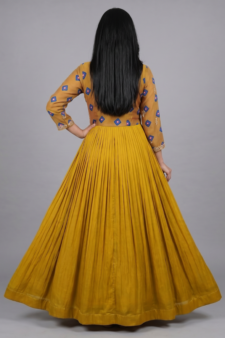 Mustard Modal Silk Gown with Handwork