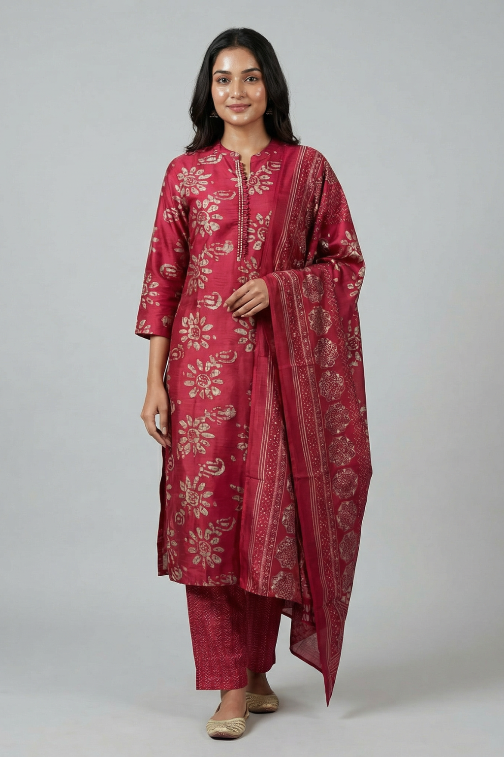 Pink Cambric Cotton Kurta Pant Dupatta Set