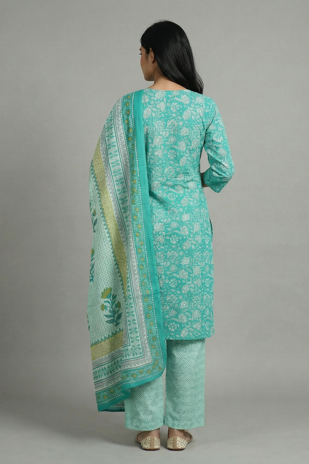 Sea Green Floral Pure Cotton 3-Piece Suit Set