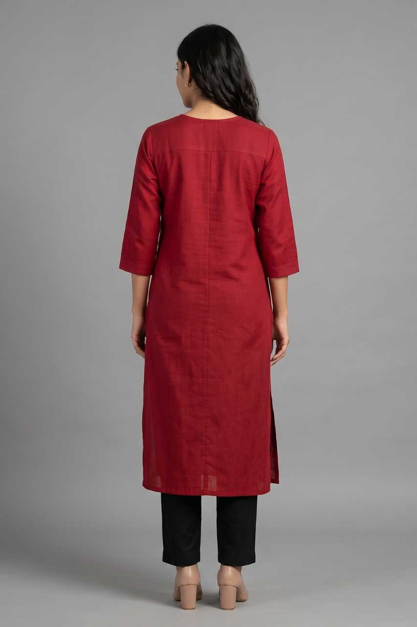 Crimson Red Cotton Flex Embroidered Kurti
