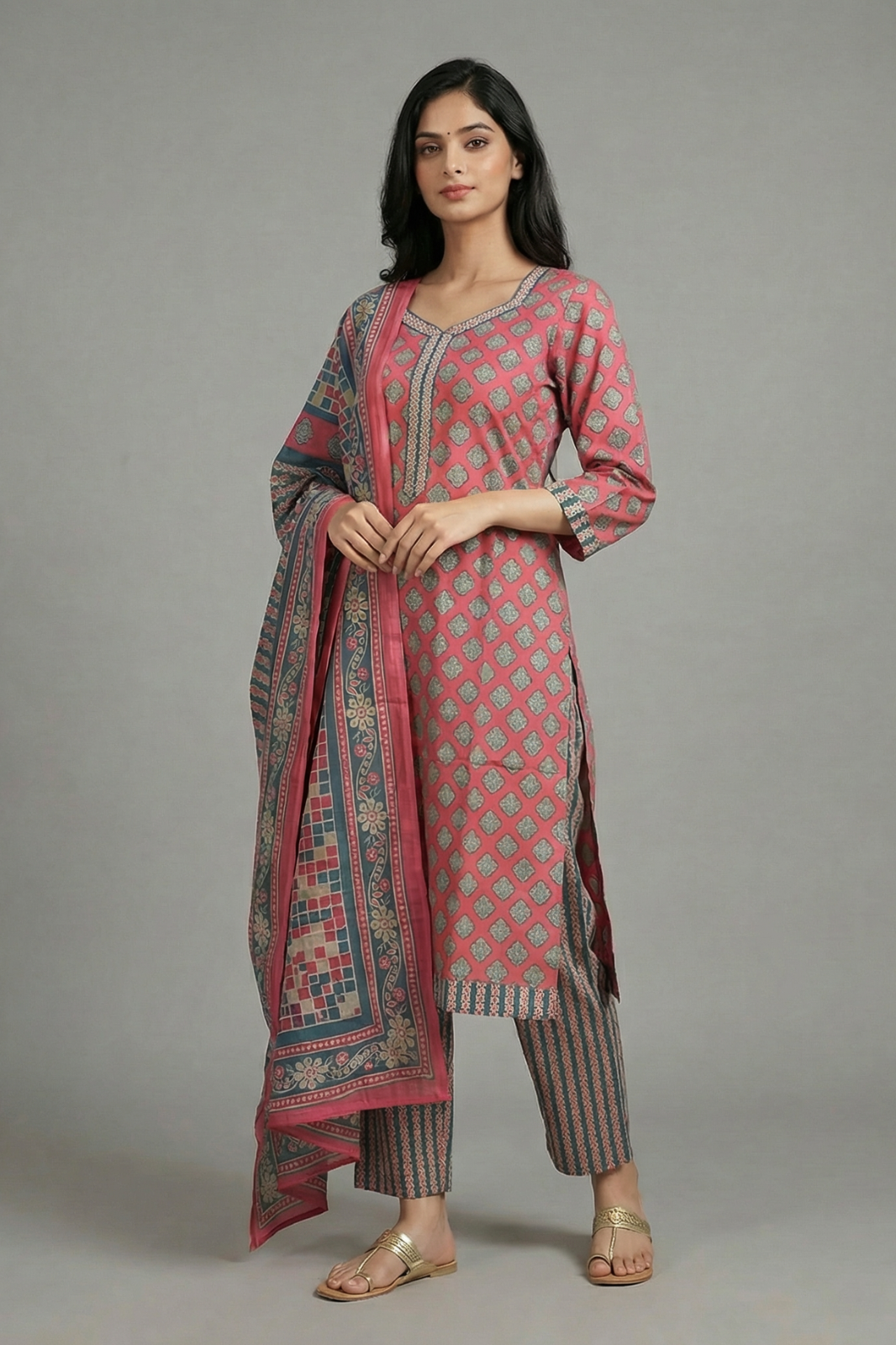 Pink & Grey Geometric Pure Cotton 3-Piece Suit Set
