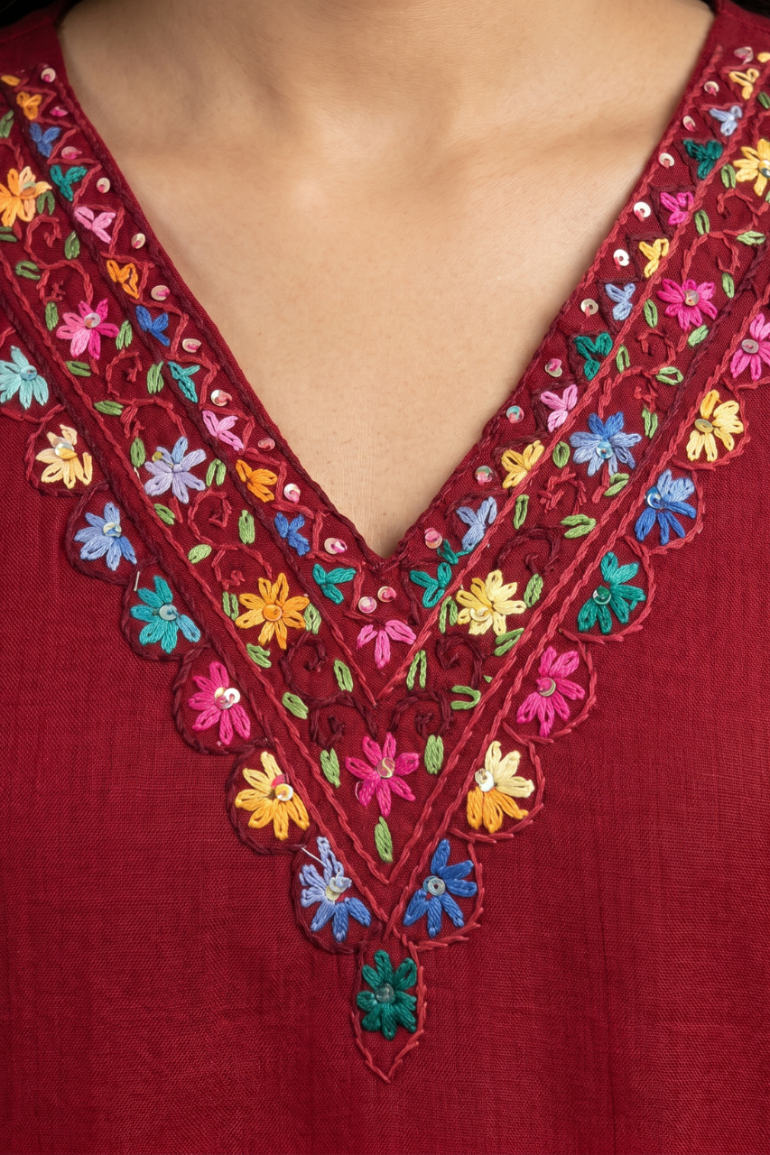 Crimson Red Cotton Flex Embroidered Kurti