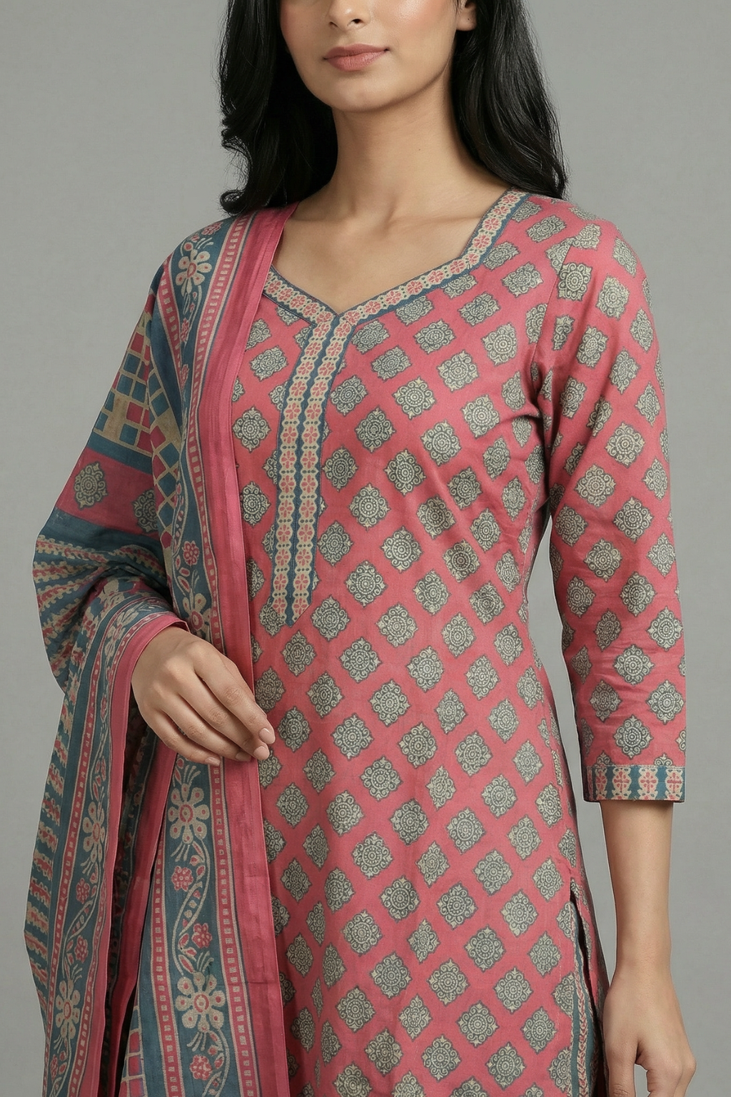 Pink & Grey Geometric Pure Cotton 3-Piece Suit Set