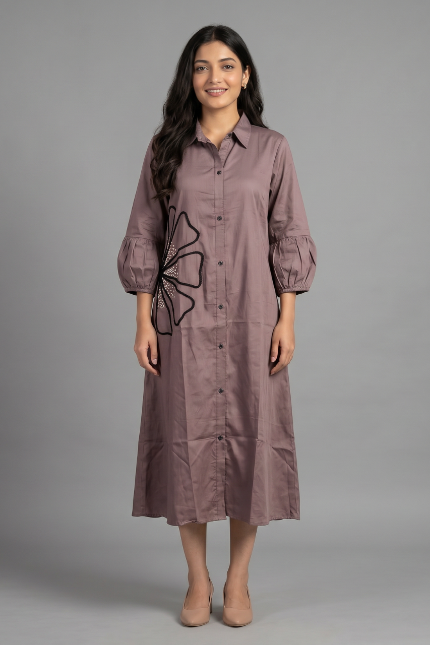 Elegant Mauve Cotton Tunic with Pearl Embellishment