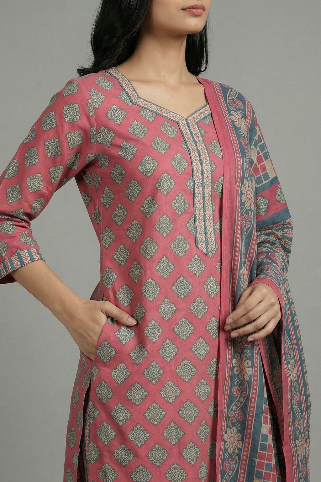Pink & Grey Geometric Pure Cotton 3-Piece Suit Set