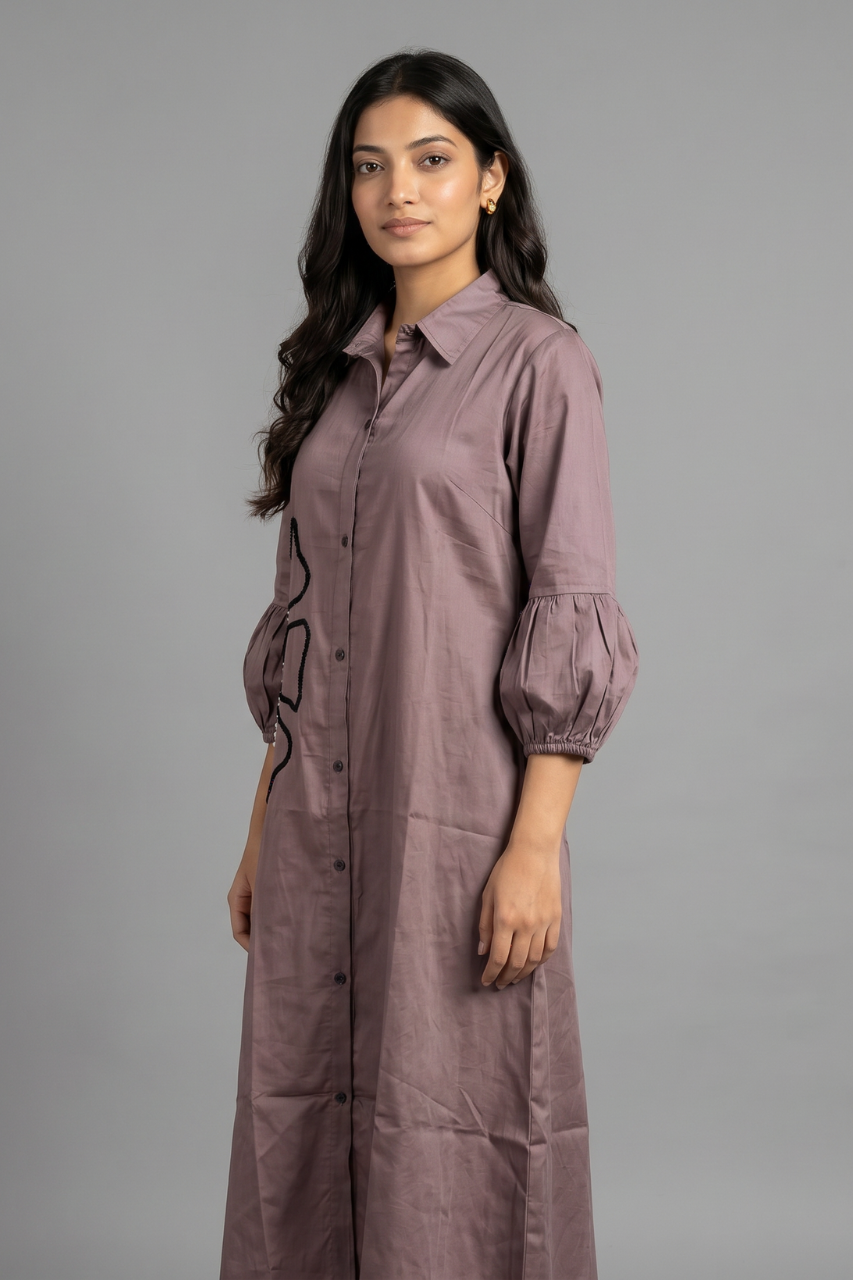 Elegant Mauve Cotton Tunic with Pearl Embellishment