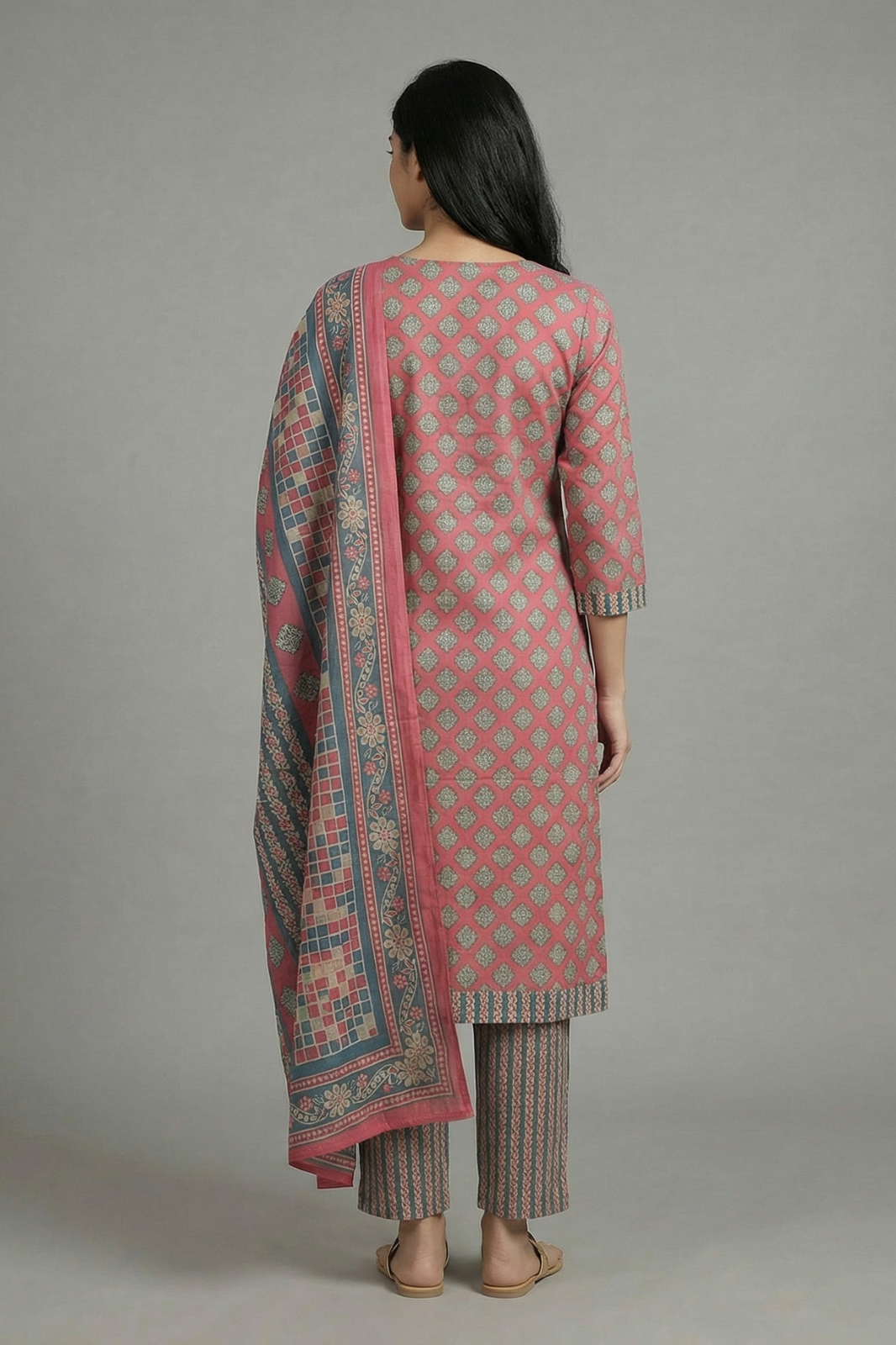 Pink & Grey Geometric Pure Cotton 3-Piece Suit Set