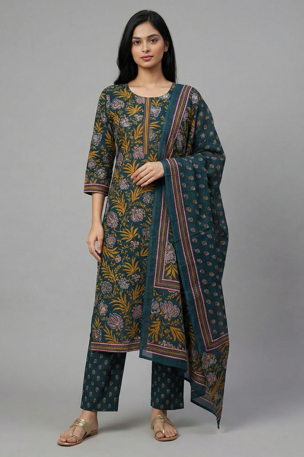 Blue & Mustard Floral Pure Cotton 3-Piece Suit Set
