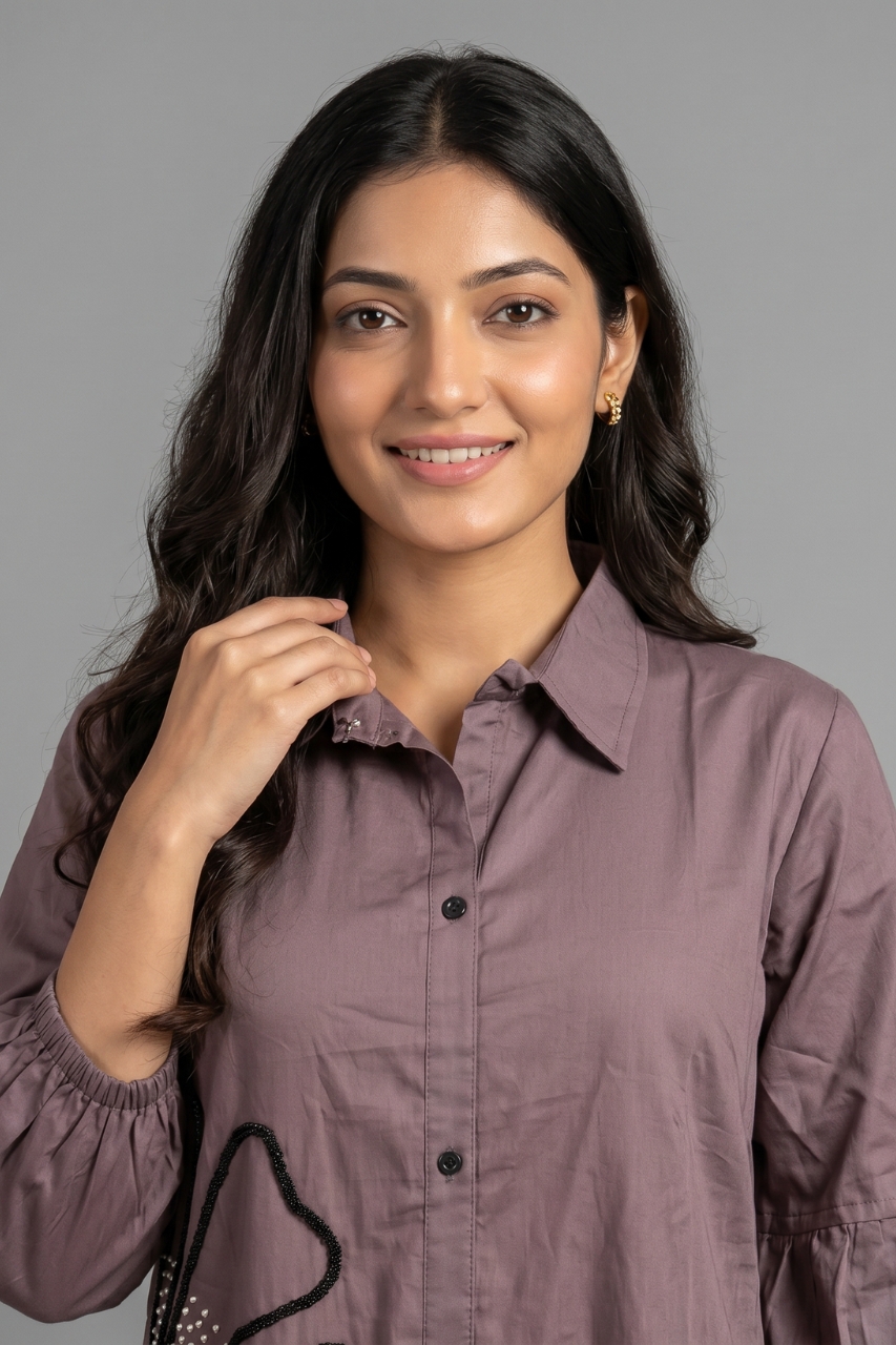 Elegant Mauve Cotton Tunic with Pearl Embellishment