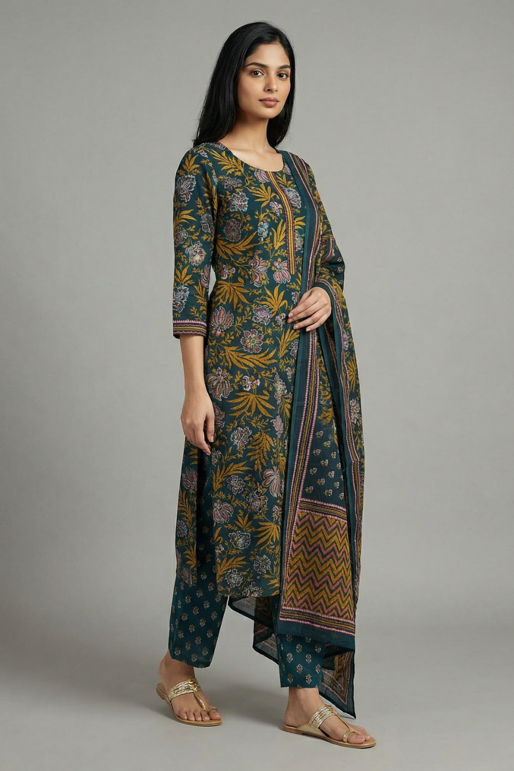 Blue & Mustard Floral Pure Cotton 3-Piece Suit Set