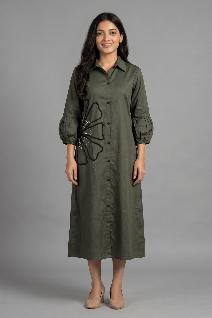 Elegant Olive Cotton Tunic with Pearl Embellishment
