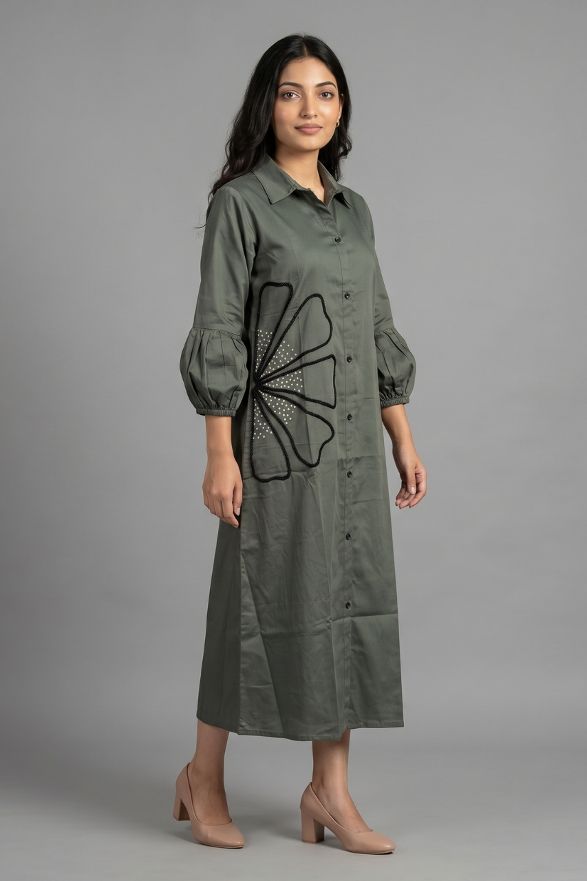 Elegant Olive Cotton Tunic with Pearl Embellishment