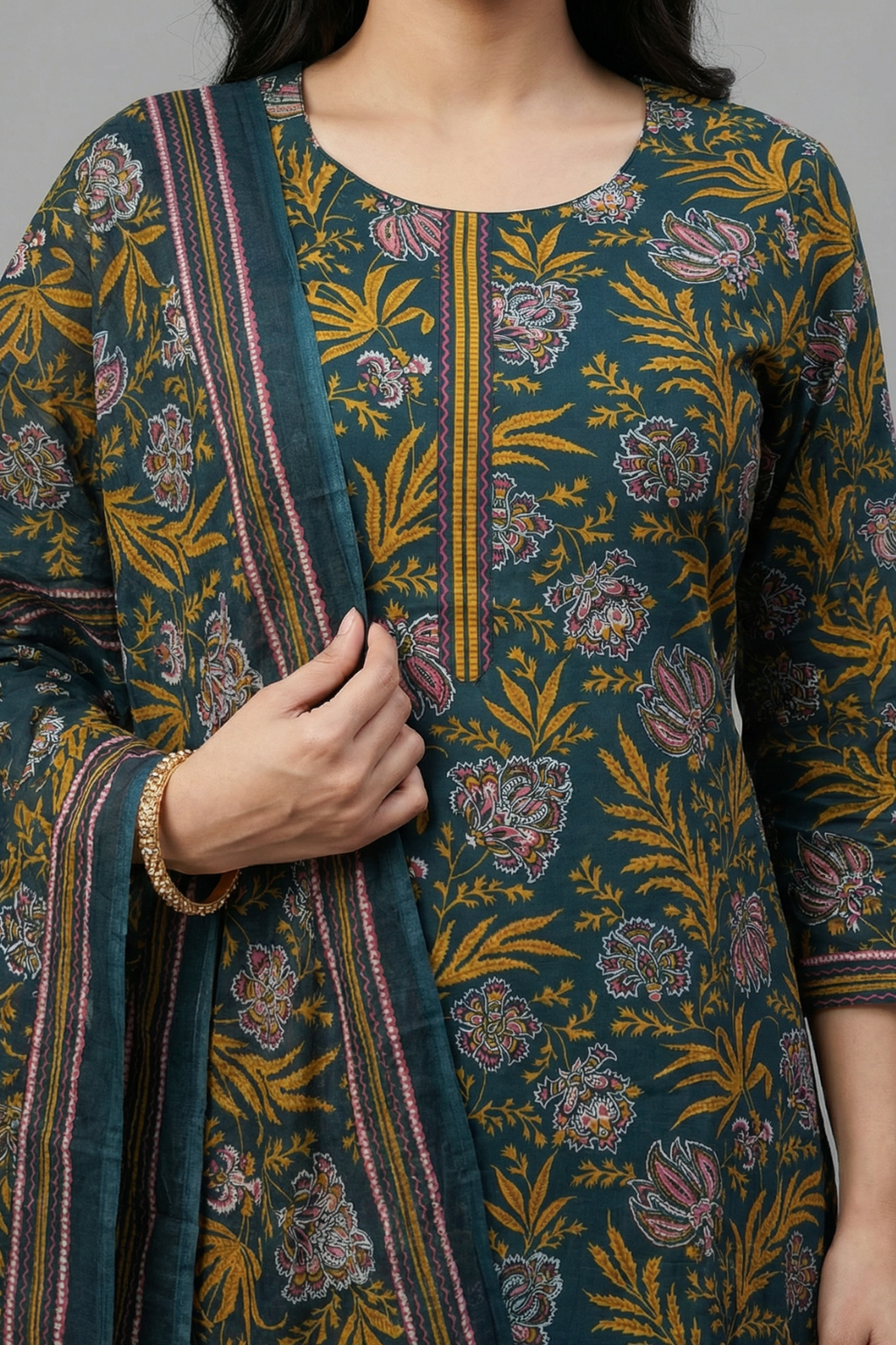 Blue & Mustard Floral Pure Cotton 3-Piece Suit Set