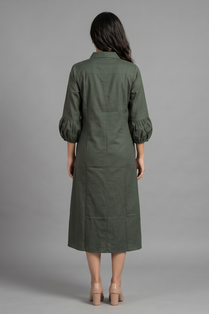 Elegant Olive Cotton Tunic with Pearl Embellishment