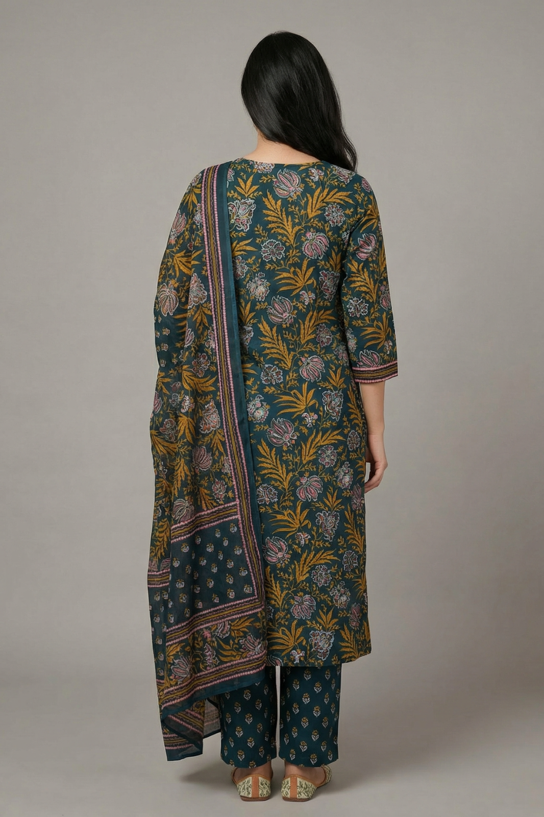 Blue & Mustard Floral Pure Cotton 3-Piece Suit Set