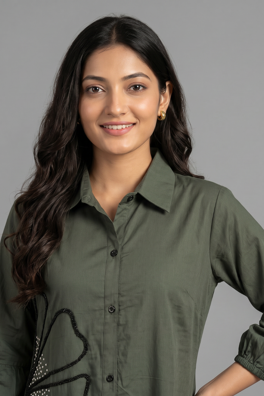 Elegant Olive Cotton Tunic with Pearl Embellishment