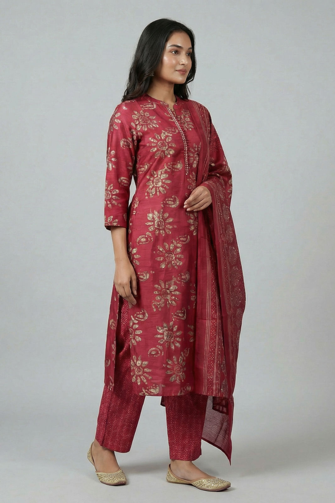Pink Cambric Cotton Kurta Pant Dupatta Set