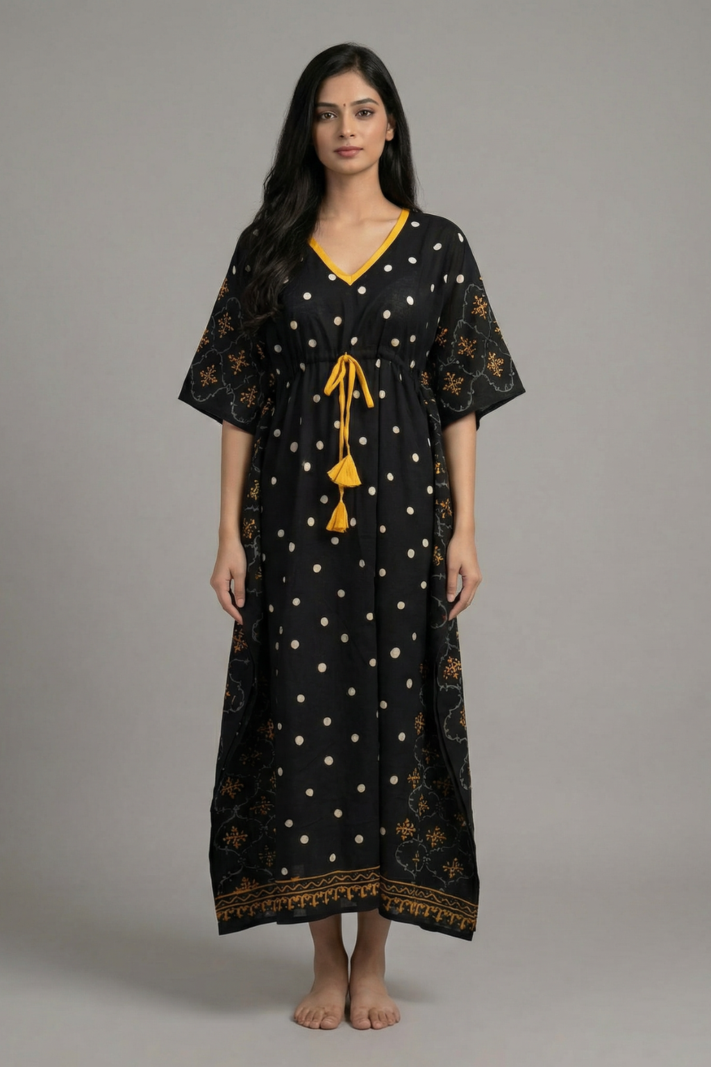 Black Block Print Pure Cotton Kaftan