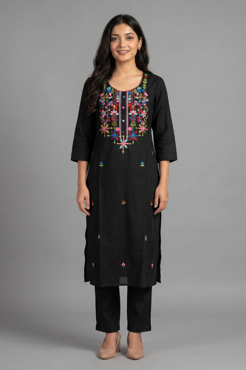 Jet Black Cotton Flex Embroidered Kurti