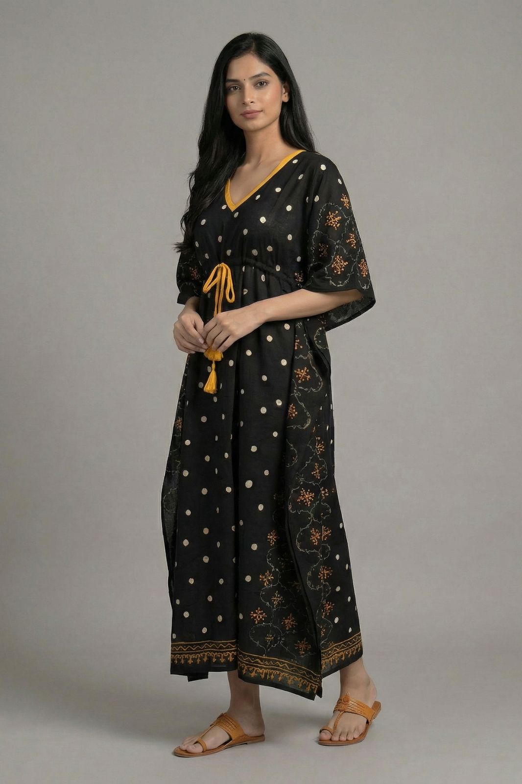 Black Block Print Pure Cotton Kaftan