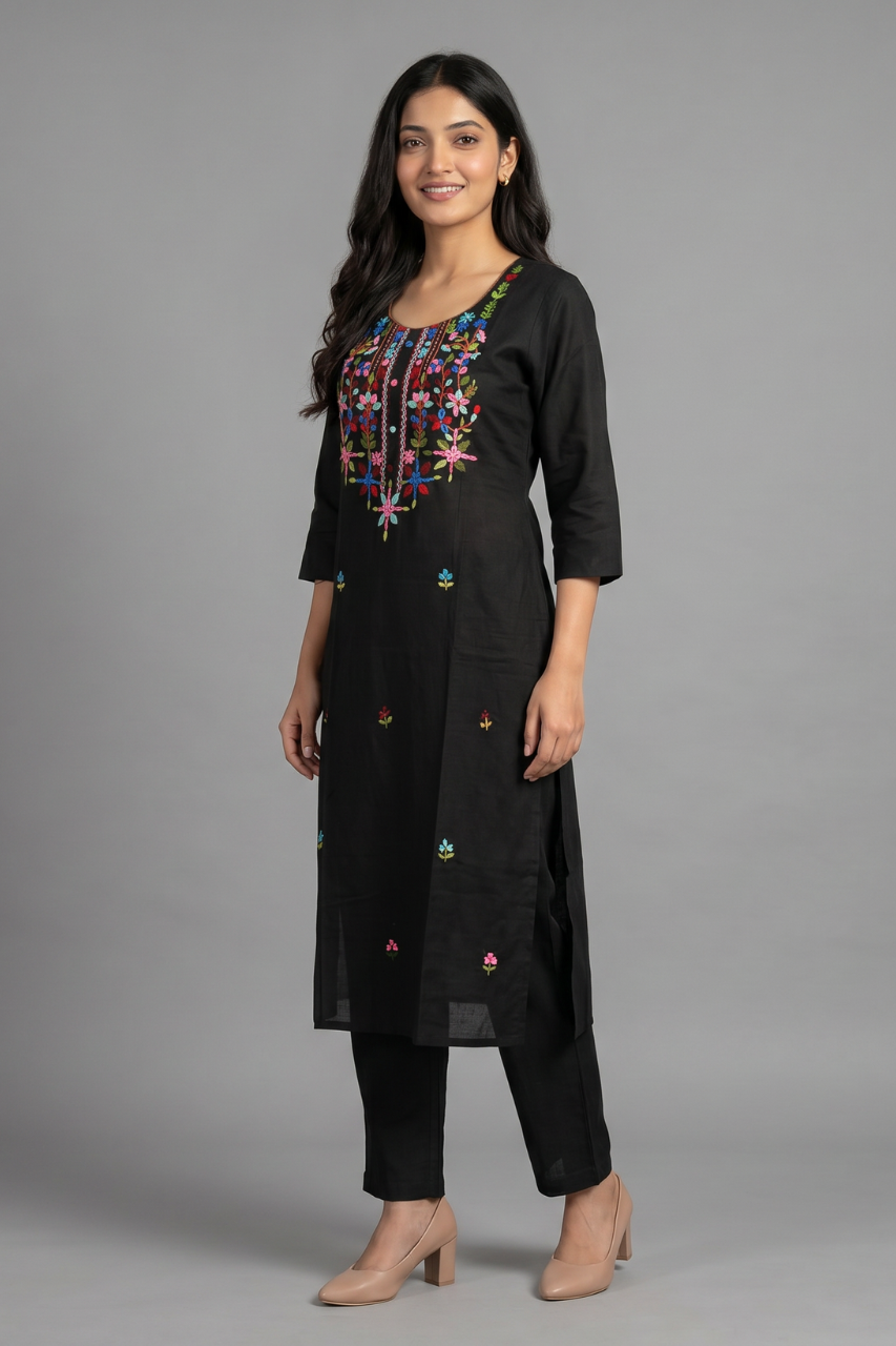 Jet Black Cotton Flex Embroidered Kurti