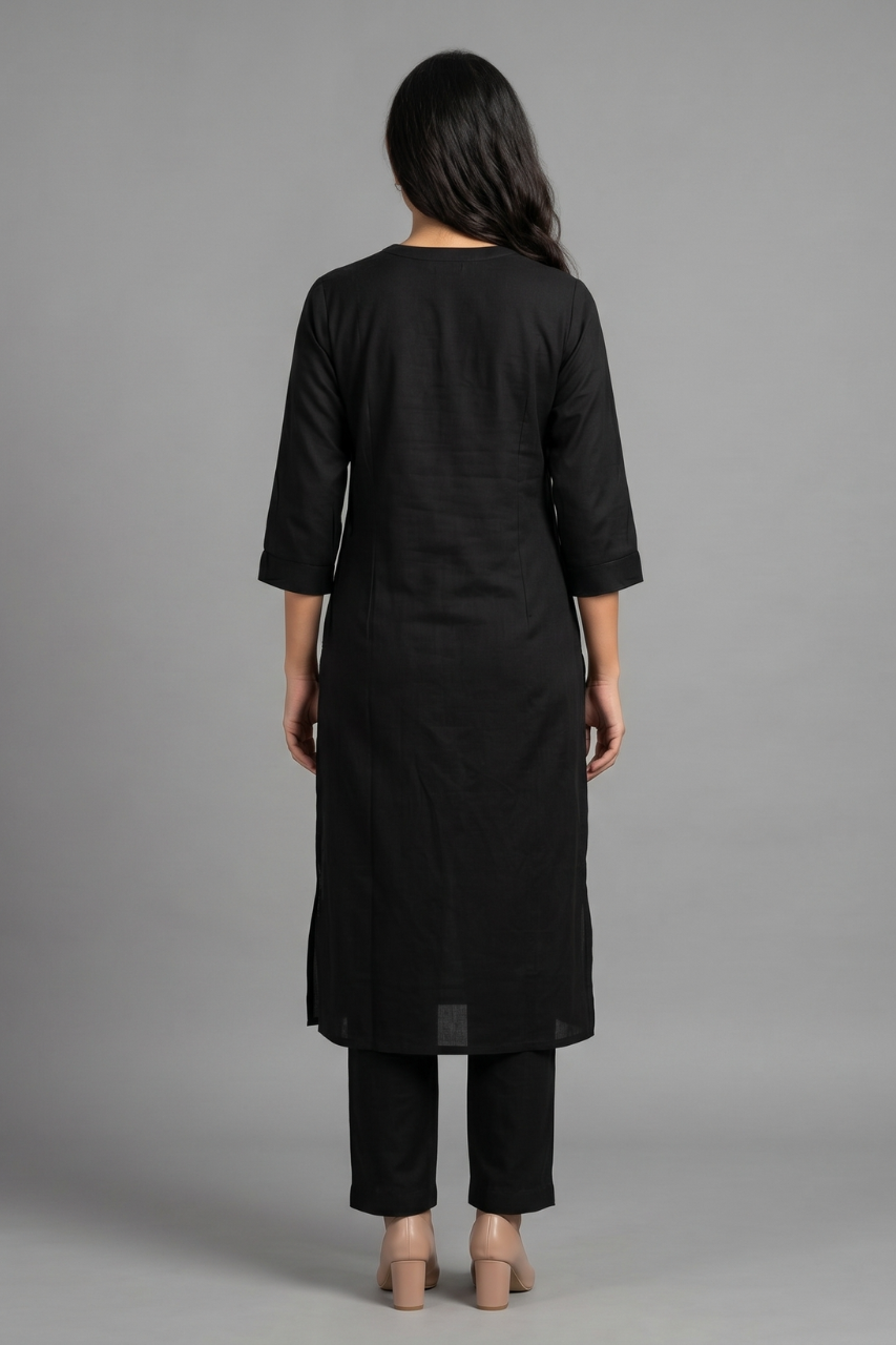 Jet Black Cotton Flex Embroidered Kurti