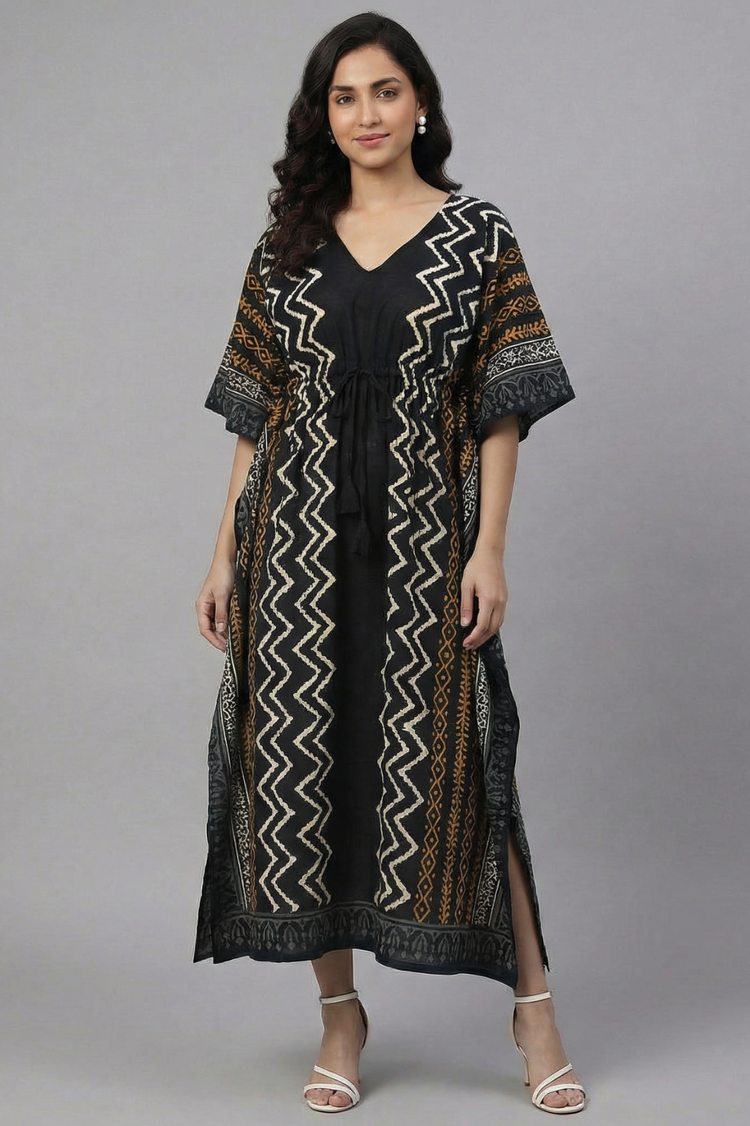 Elegant Black Block Print Pure Cotton Kaftan