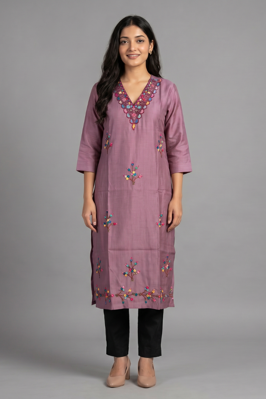 Mauve Cotton Flex Embroidered Kurti