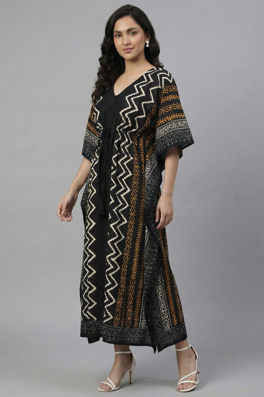 Elegant Black Block Print Pure Cotton Kaftan