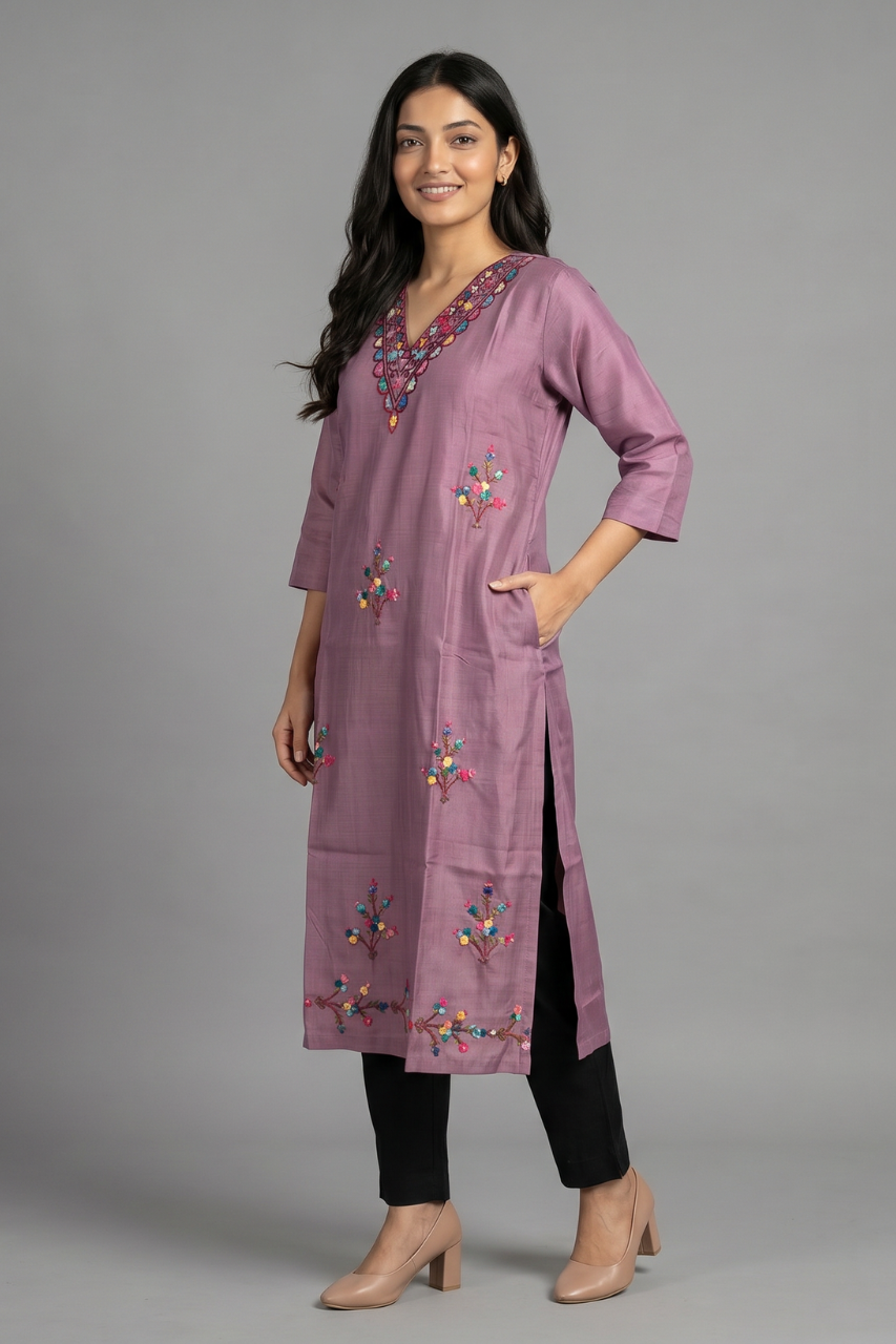 Mauve Cotton Flex Embroidered Kurti