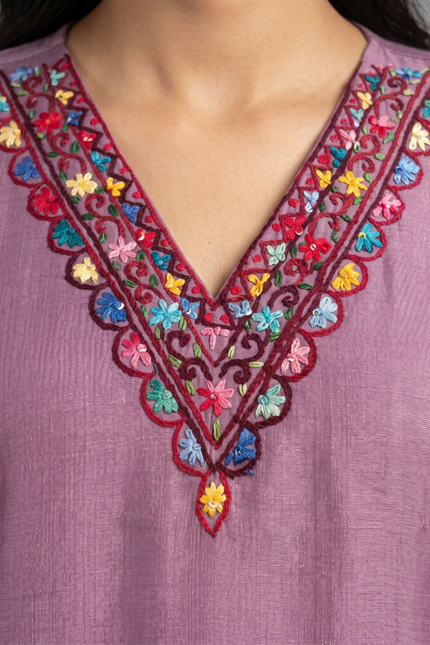 Mauve Cotton Flex Embroidered Kurti