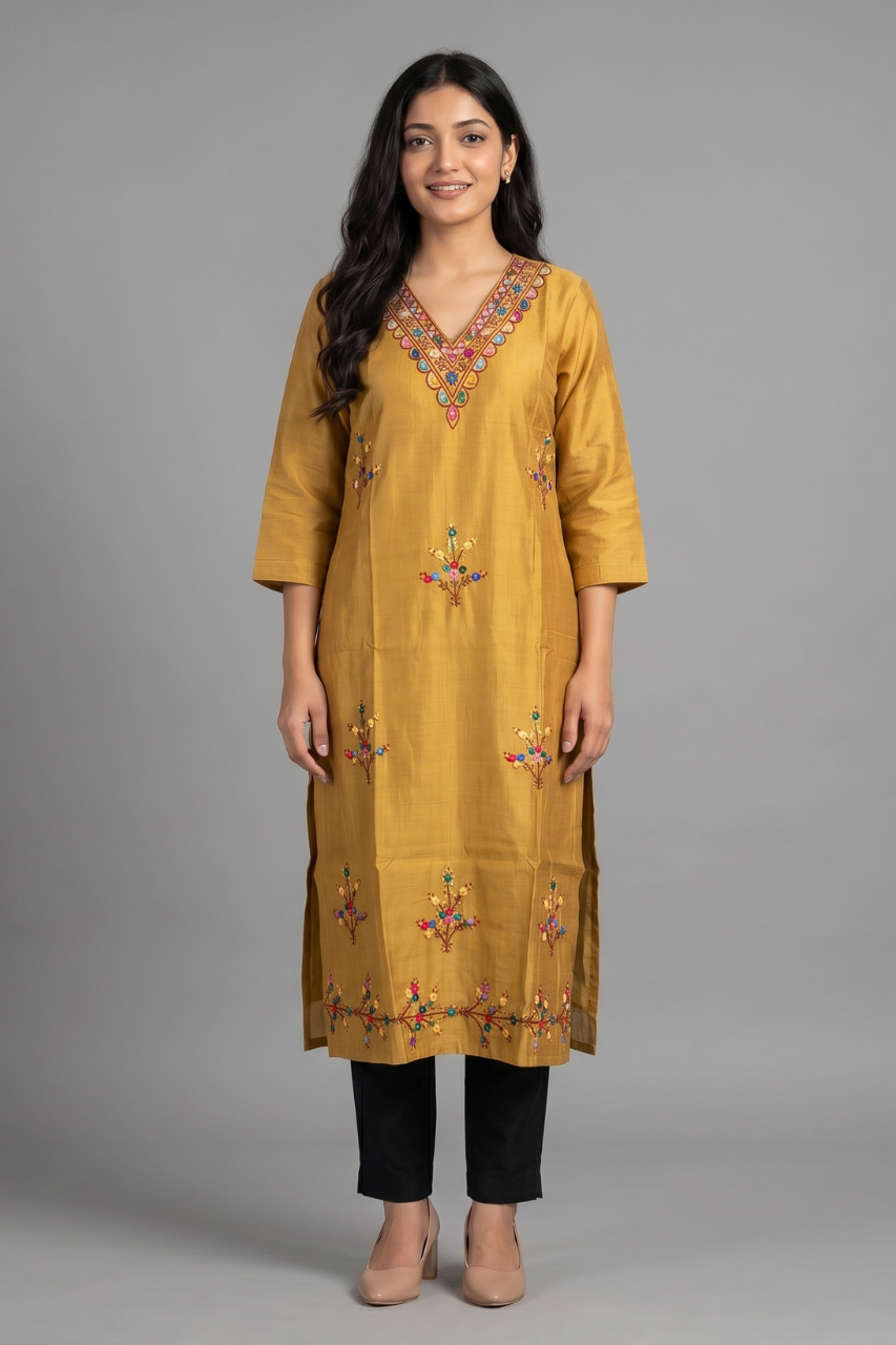 Mustard Yellow Cotton Flex Embroidered Kurti