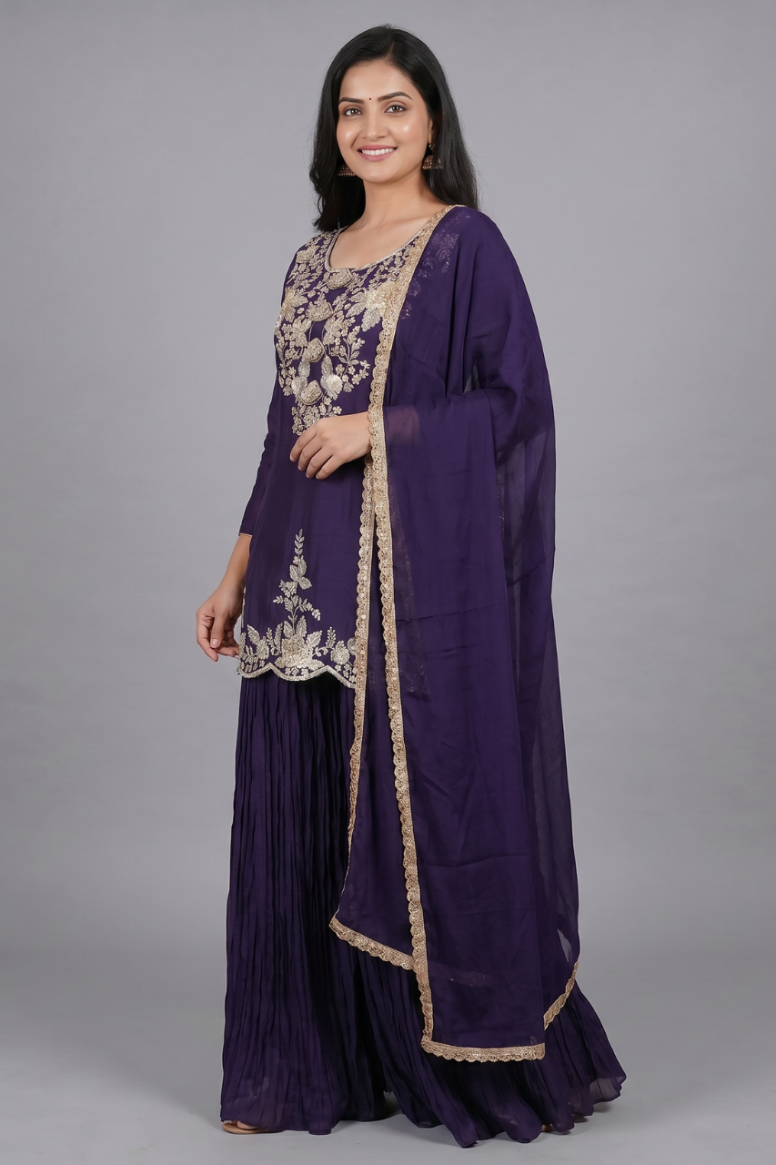 Purple Dola Silk Kurta Set with Chiffon Bottom & Dupatta