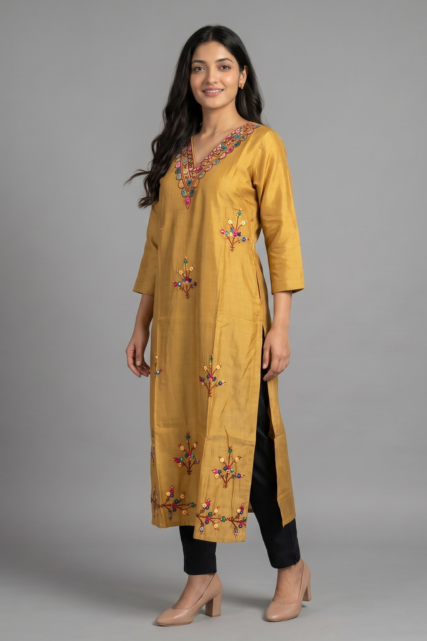 Mustard Yellow Cotton Flex Embroidered Kurti