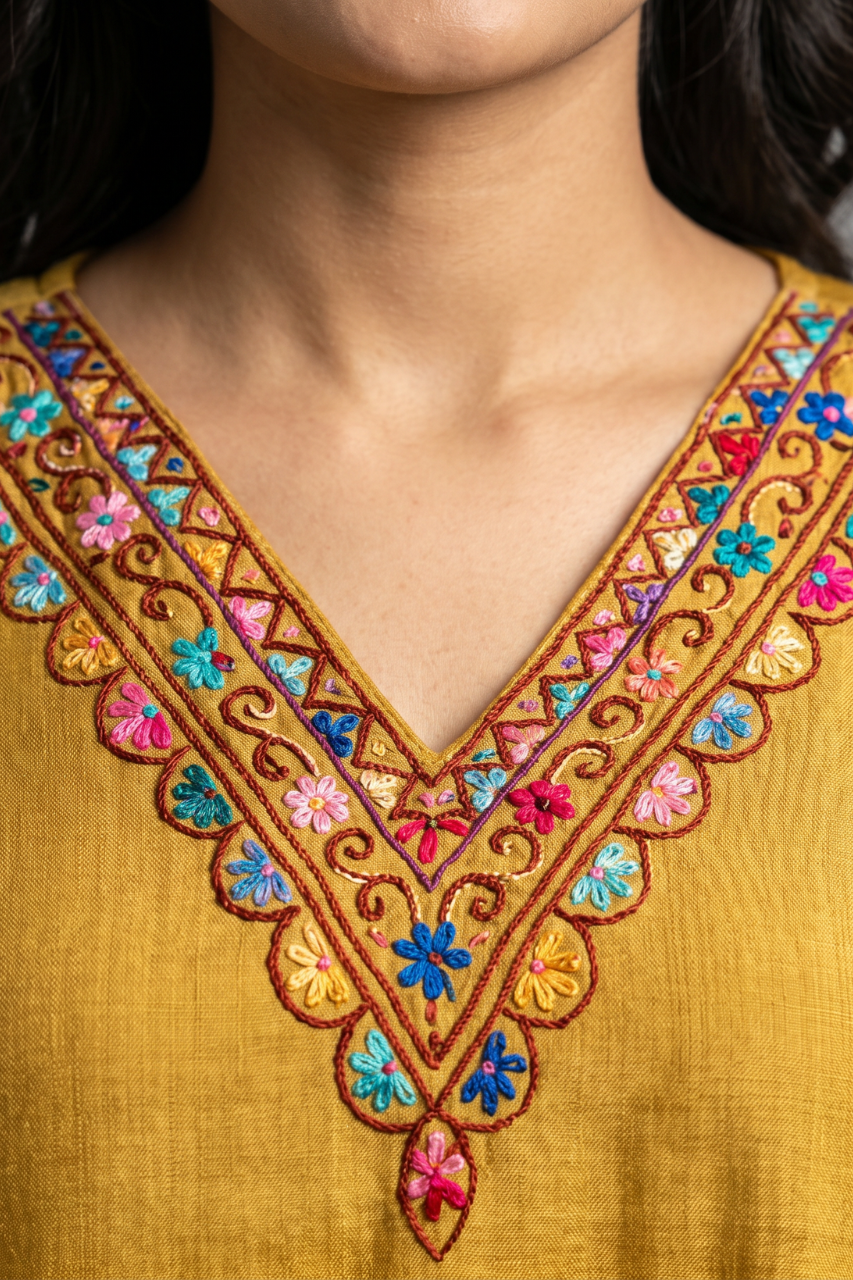 Mustard Yellow Cotton Flex Embroidered Kurti