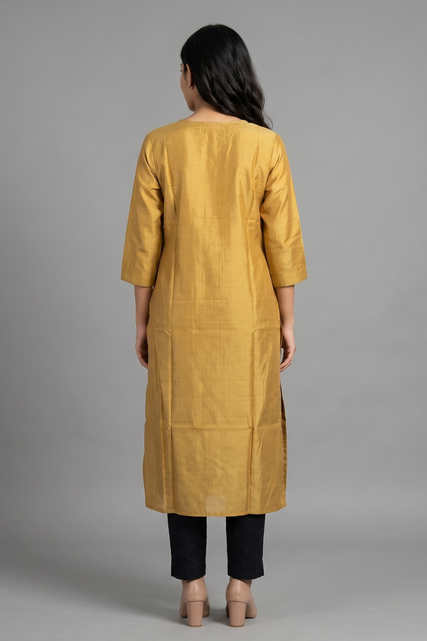 Mustard Yellow Cotton Flex Embroidered Kurti