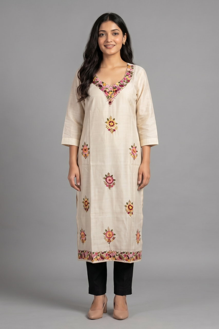 Off-White Cotton Flex Floral Thread-Work Kurti
