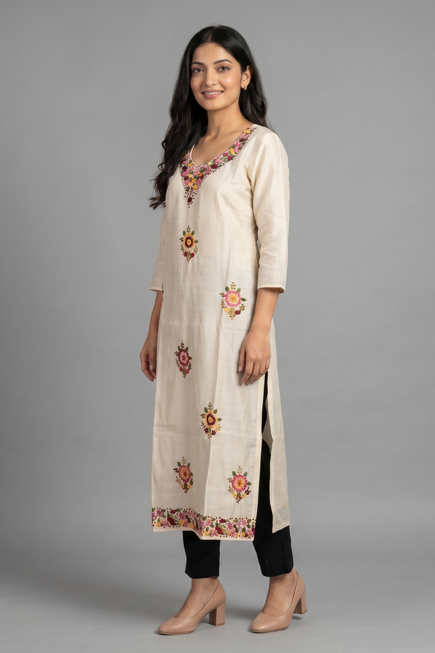 Off-White Cotton Flex Floral Thread-Work Kurti