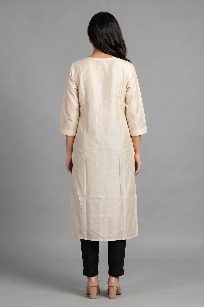 Off-White Cotton Flex Floral Thread-Work Kurti