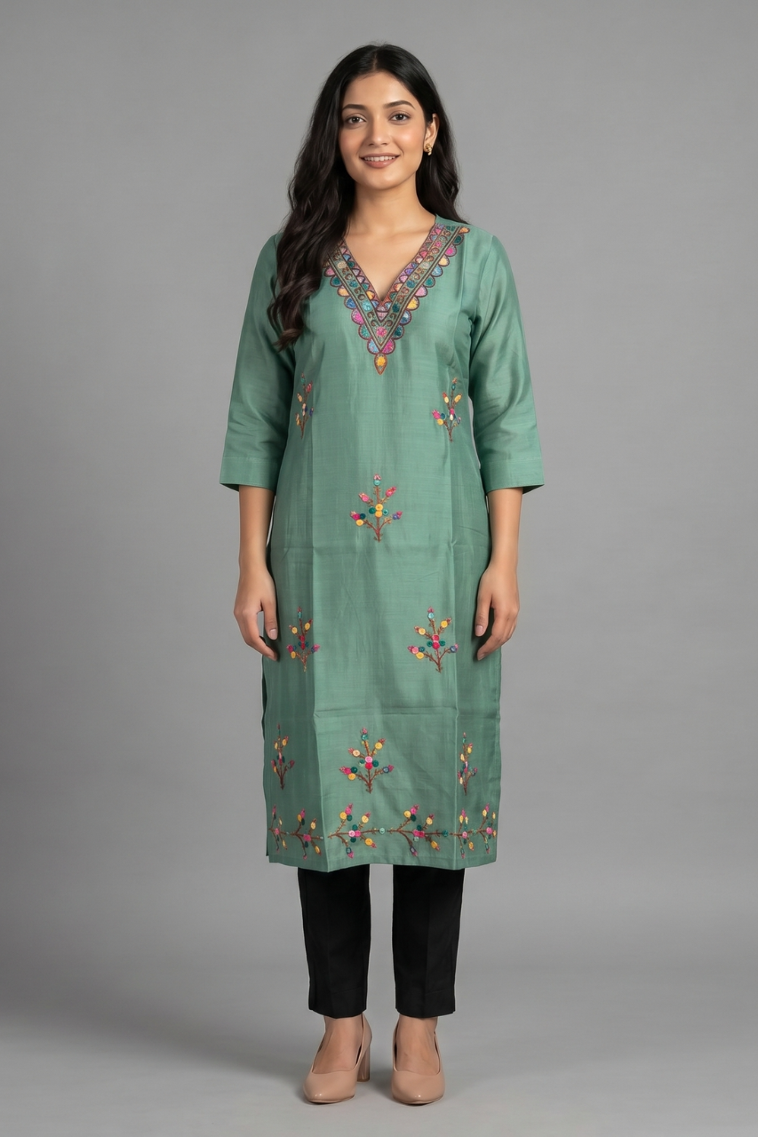 Olive Green Cotton Flex Embroidered Kurti