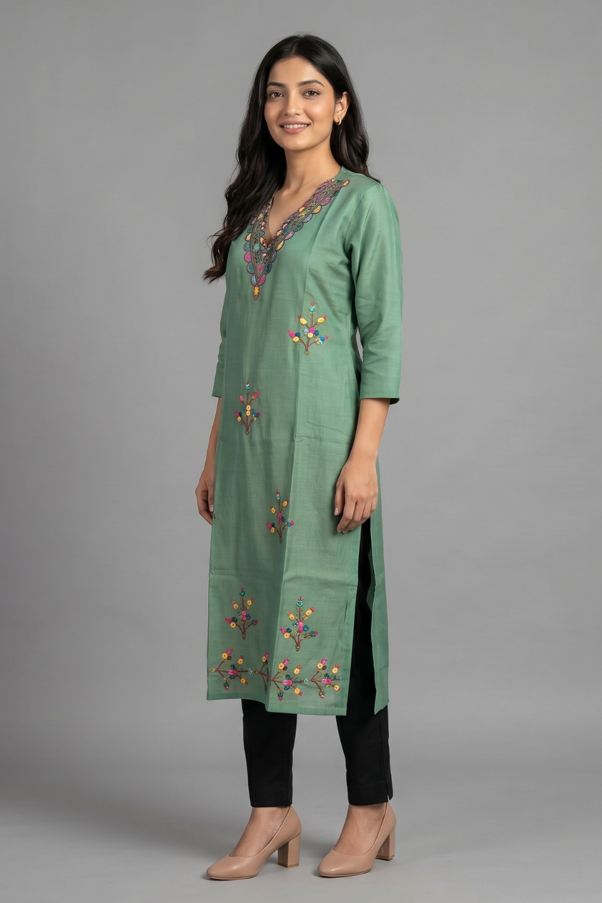 Olive Green Cotton Flex Embroidered Kurti