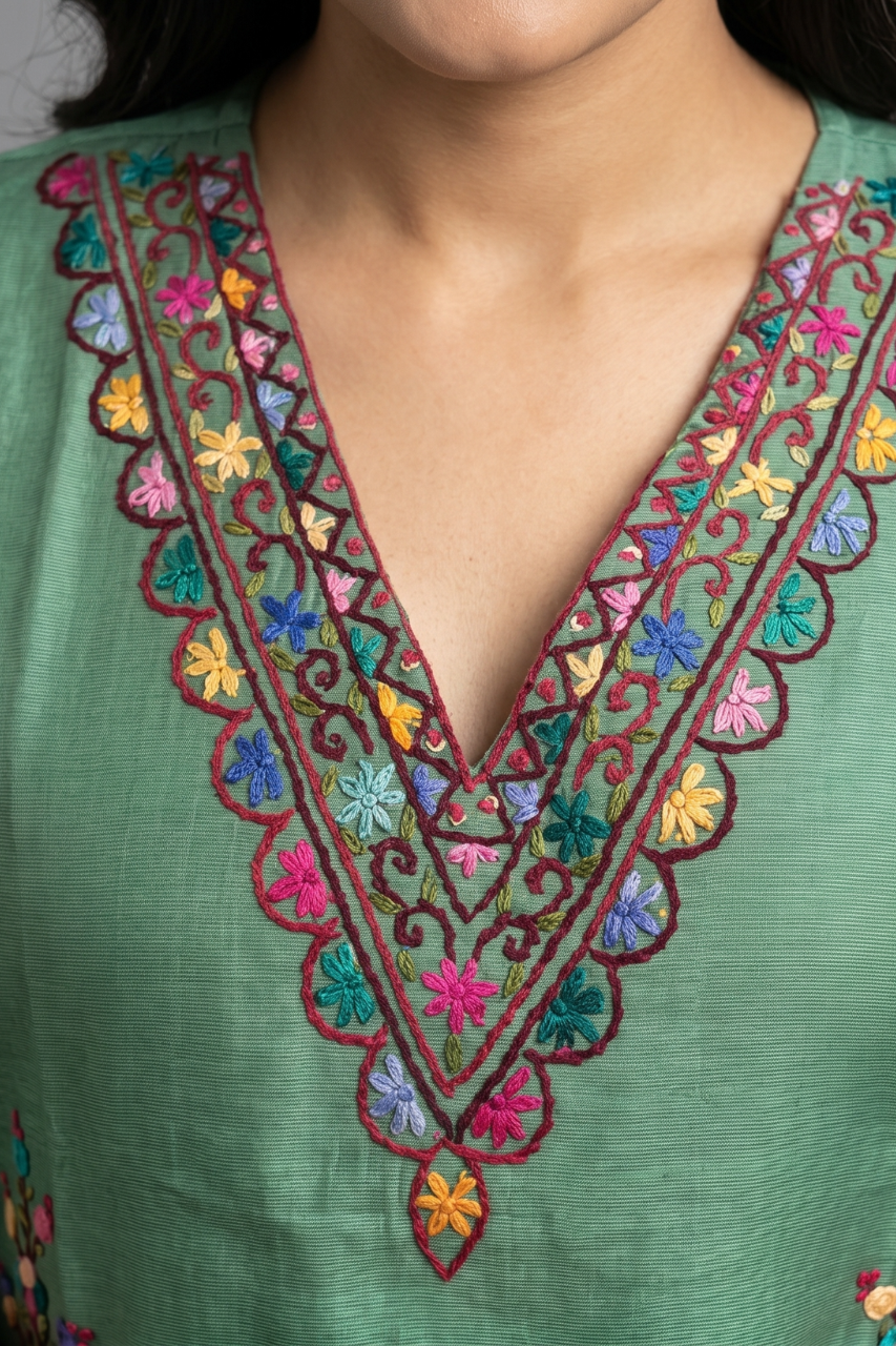 Olive Green Cotton Flex Embroidered Kurti