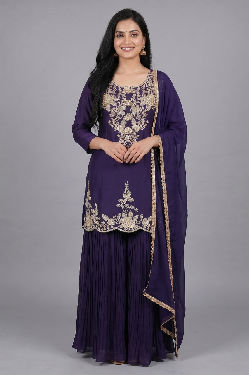 Purple Dola Silk Kurta Set with Chiffon Bottom & Dupatta