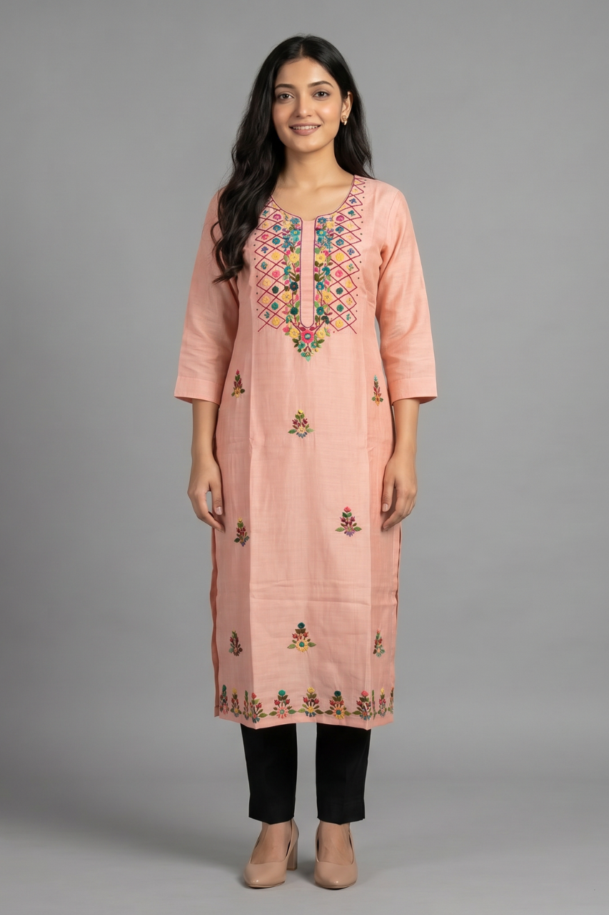 Peach Cotton Flex Hand-Embroidered Kurti