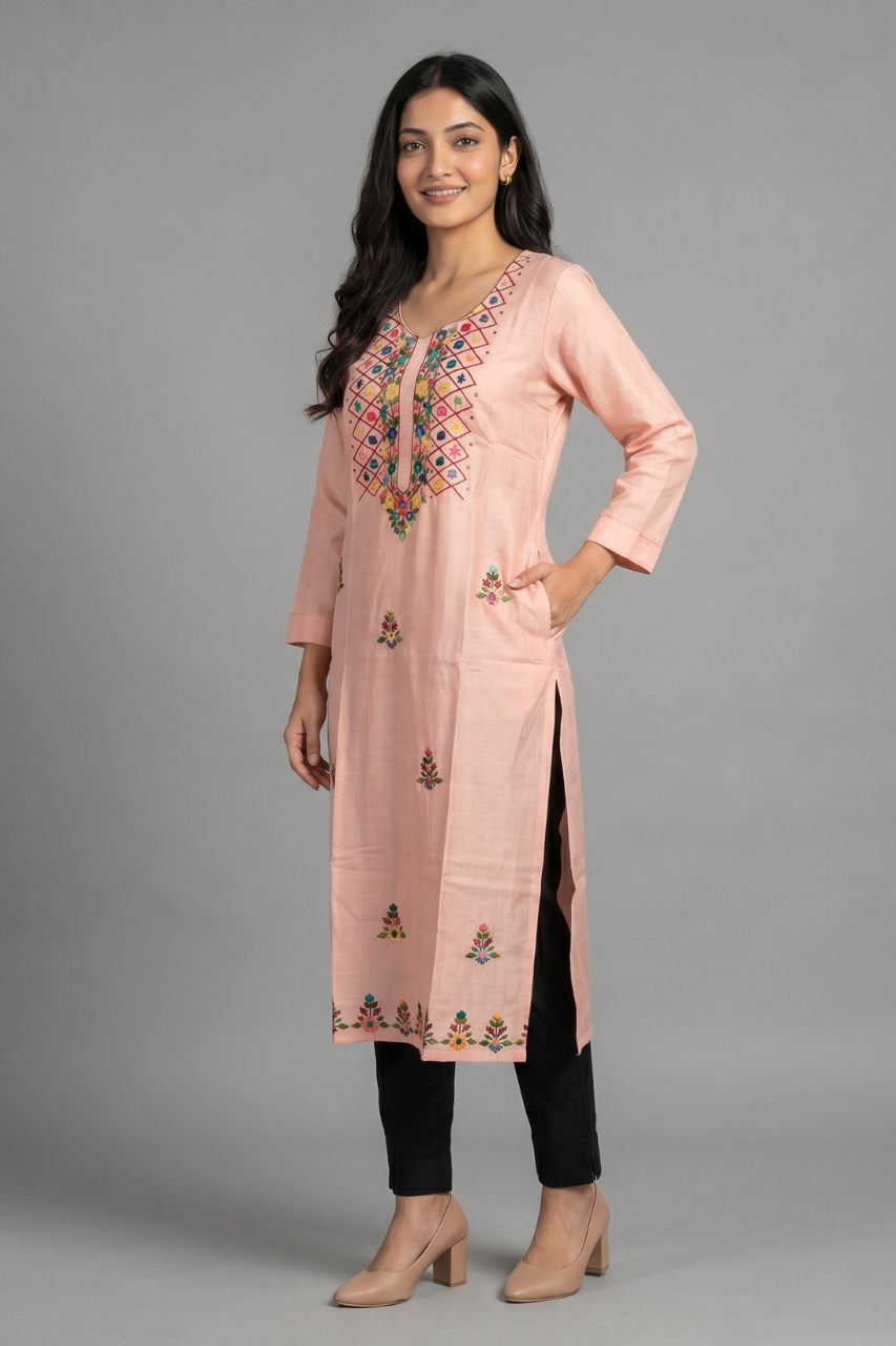 Peach Cotton Flex Hand-Embroidered Kurti