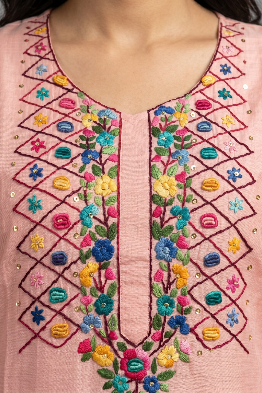 Peach Cotton Flex Hand-Embroidered Kurti