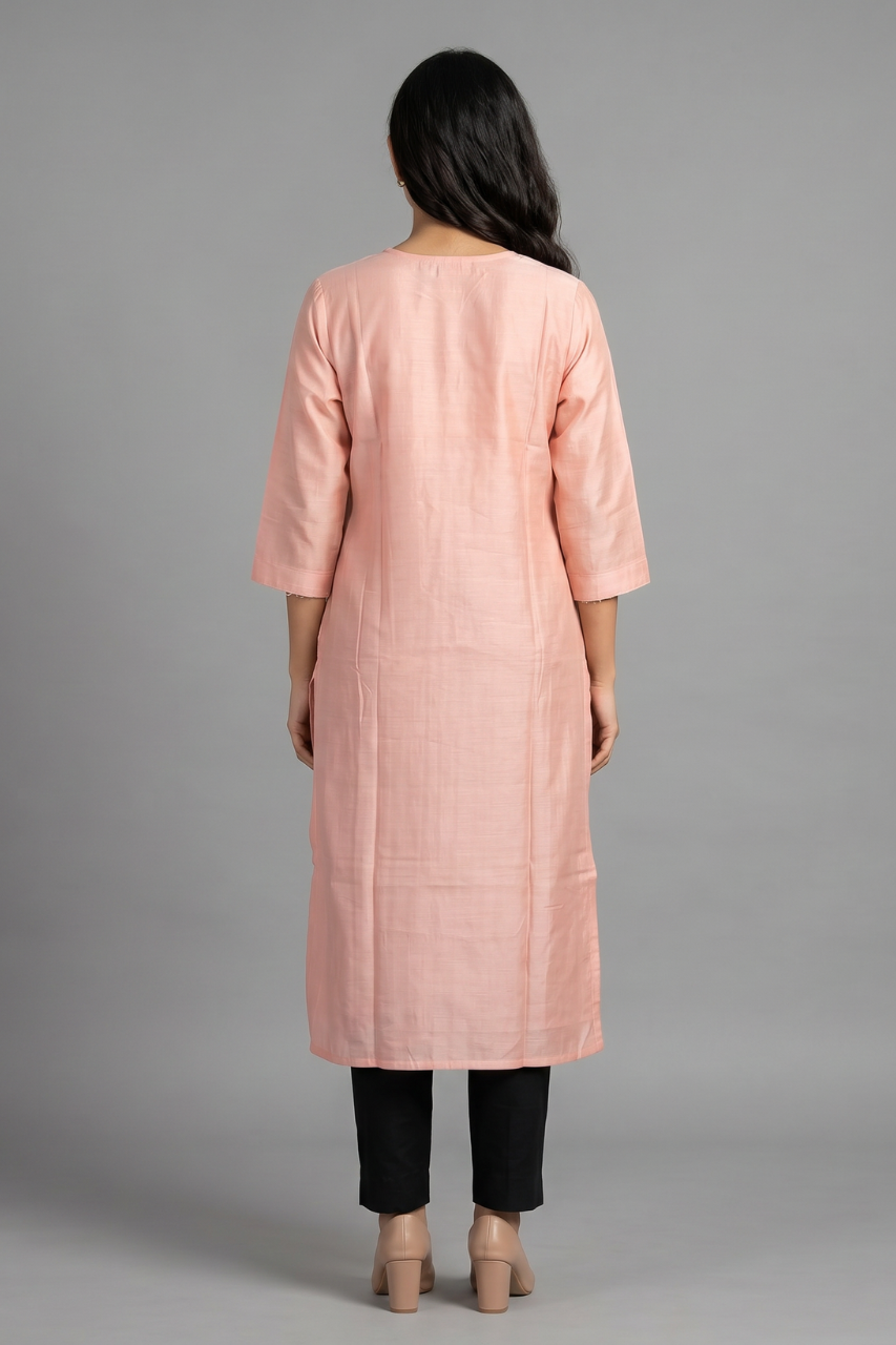 Peach Cotton Flex Hand-Embroidered Kurti